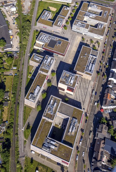 Aerial view, Hochschule Ruhr West - Campus Mülheim, dead end of the Ruhr RS1 cycle highway behind