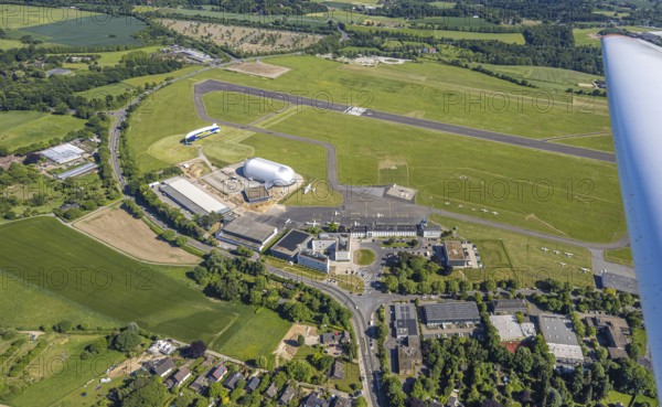 Aerial view, Essen/Mülheim Airport, Goodyear airship Zeppelin, construction site next to the WDL