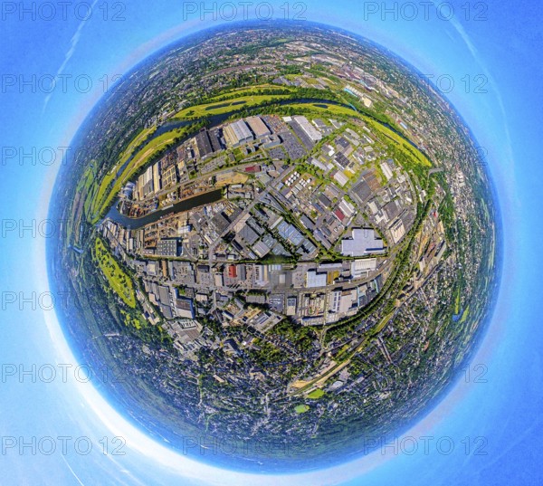 Aerial view, industrial area Weseler Straße and Rhine-Ruhr harbour Mülheim, globe, fisheye image,
