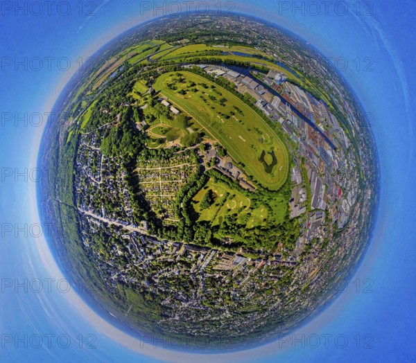 Aerial view, racecourse with golf course Golfclub Mülheim an der Ruhr Raffelberg, south harbour,