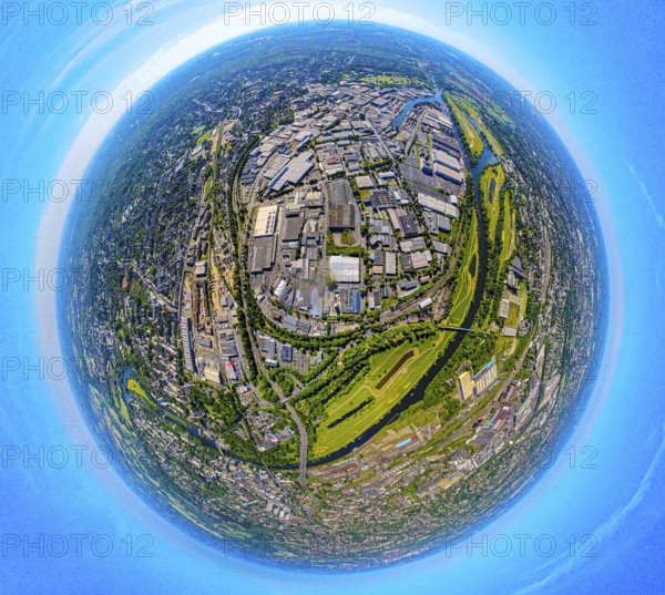 Aerial view, industrial area Weseler Straße and Rhine-Ruhr harbour Mülheim, globe, fisheye image,