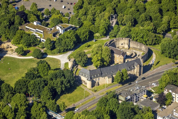 Aerial view, Broich Castle, historical sight, behind Heinrich-Thöne Adult Education Centre VHS,