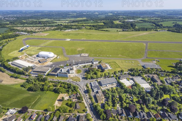 Aerial view, Essen/Mülheim Airport, Goodyear airship Zeppelin, construction site next to the WDL