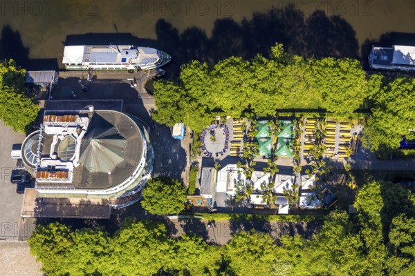 Aerial view, Restaurant Wasserbahnhof on the Schleuseninsel with landing stage Weiße Flotte,
