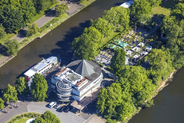 Aerial view, Restaurant Wasserbahnhof on the Schleuseninsel with landing stage Weiße Flotte,