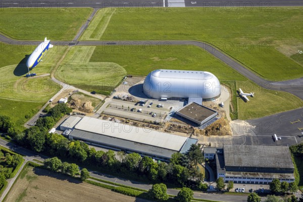 Aerial view, Airport Essen/Mülheim, Goodyear airship Zeppelin, construction site next to the WDL