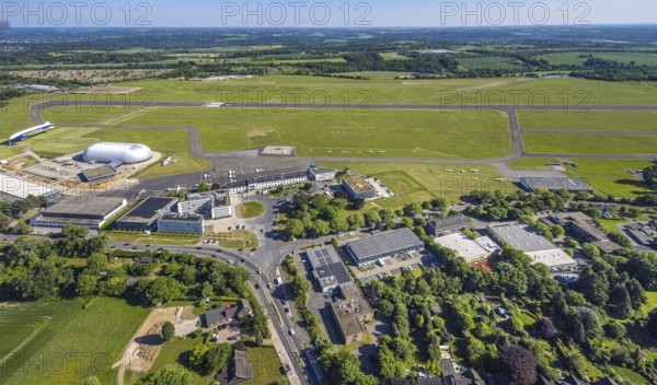 Aerial view, Essen/Mülheim Airport, Goodyear airship Zeppelin, construction site next to the WDL