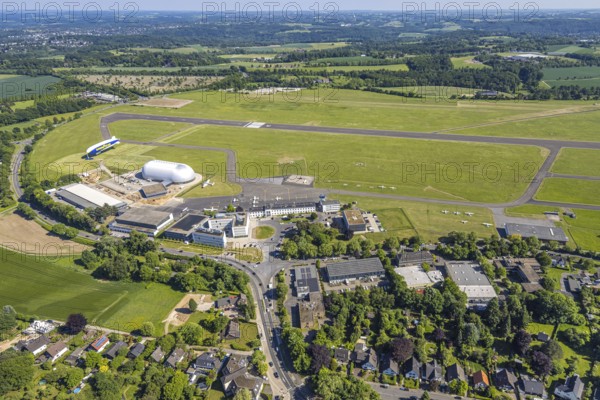Aerial view, Essen/Mülheim Airport, Goodyear airship Zeppelin, construction site next to the WDL