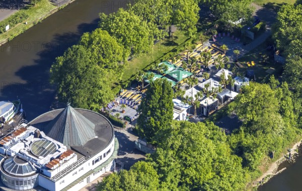 Aerial view, Restaurant Wasserbahnhof on the Schleuseninsel with landing stage Weiße Flotte,