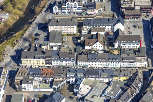 Aerial view, tax office, residential area with shopping street Ruhrstraße, Meschede town, Meschede,