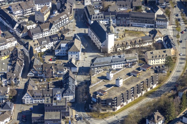 Aerial view, Stiftsplatz and St. Walburga Catholic Church, Stiftscenter car park, Meschede town,