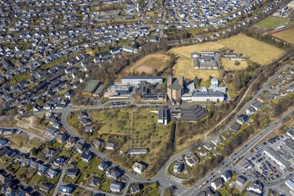 Aerial view, Abbey Königsmünster monastery with Benedictine grammar school, Meschede town,