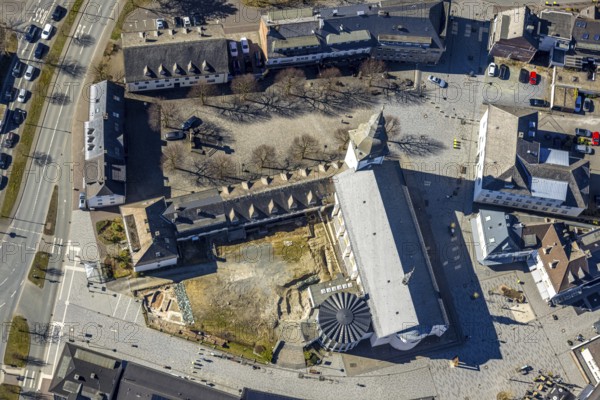 Aerial view, Stiftsplatz and St. Walburga Catholic Church, Stiftscenter car park, Meschede town,