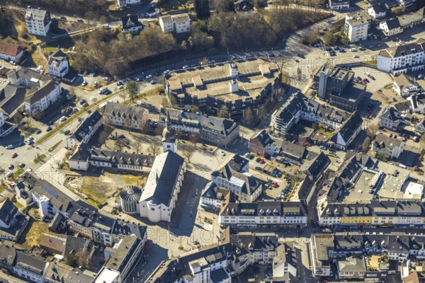 Aerial view, Stiftsplatz and St. Walburga Catholic Church, Stiftscenter car park, Meschede town,