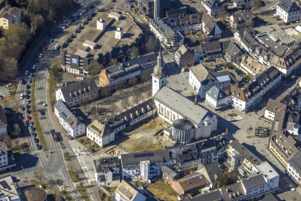 Aerial view, Stiftsplatz and St. Walburga Catholic Church, Stiftscenter car park, Meschede town,