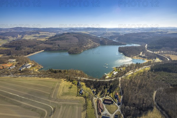Aerial view, Hennesee Hennetalsperre with dam wall, forest area and hilly landscape, Berghausen,