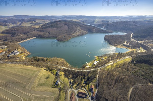 Aerial view, Hennesee Hennetalsperre with dam wall, forest area and hilly landscape, Berghausen,
