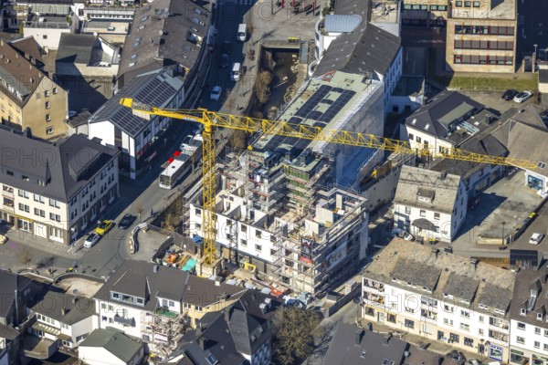 Aerial view, construction site with construction crane at Winziger Platz corner Zeughausstraße and