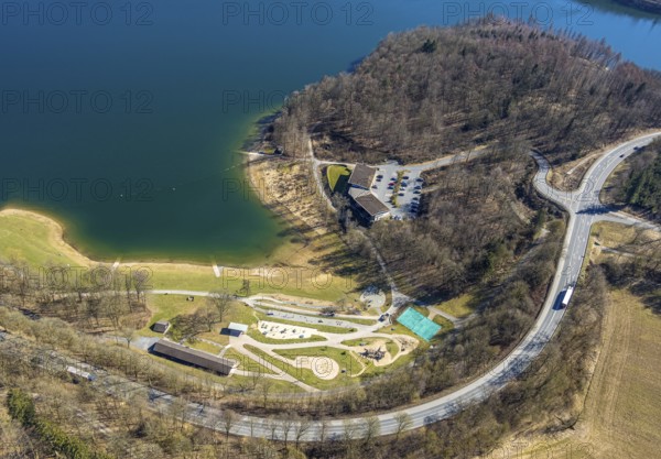 Aerial view, adventure playground Pirate Bay at the Hennesee, kiosk and snack bar Meating am See,