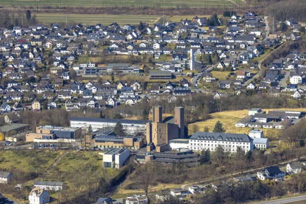 Aerial view, Abbey Königsmünster monastery with Benedictine grammar school, Meschede town,