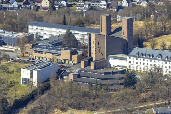 Aerial view, Abbey Königsmünster monastery with Benedictine grammar school, Meschede town,