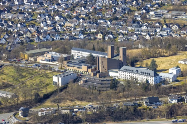 Aerial view, Abbey Königsmünster monastery with Benedictine grammar school, Meschede town,