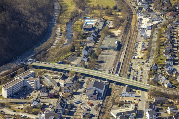 Aerial view, road bridge Warsteiner Straße federal road B55 over railway tracks and commercial area