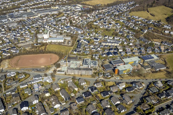 Aerial view, construction site with new building, secondary school of the city of Meschede,