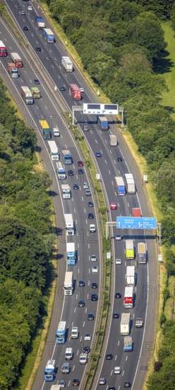 Aerial view, traffic jam on the A2 motorway at the Dortmund-Nordwest junction Dortmund-Mengede,