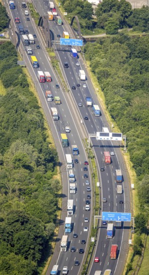 Aerial view, traffic jam on the A2 motorway at the Dortmund-Nordwest junction, Dortmund-Mengede