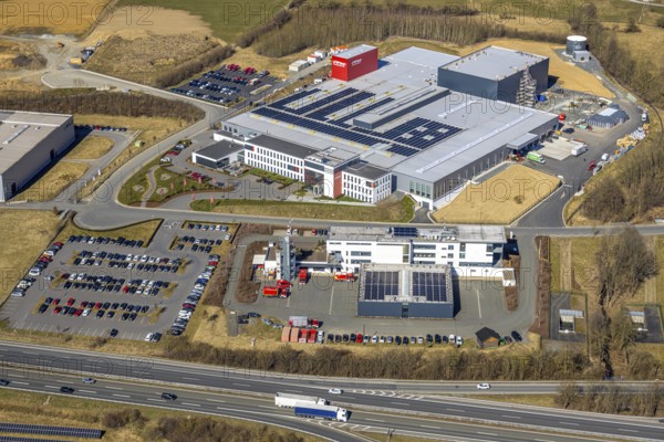 Aerial view, Enste industrial estate with citizen solar park on the A46 motorway, ITH