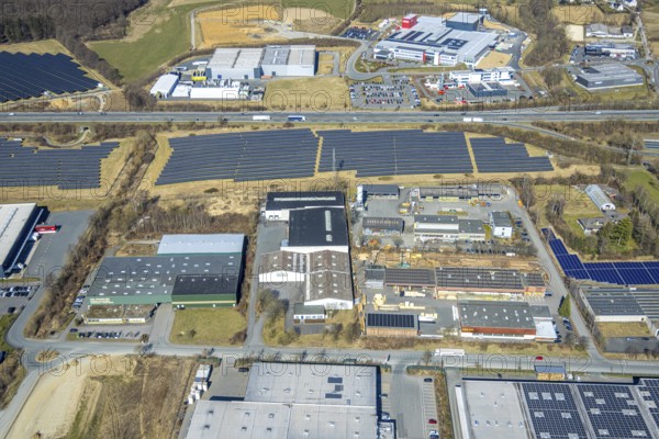 Aerial view, commercial area Enste with citizen solar park at the motorway A46, Enste, Meschede,