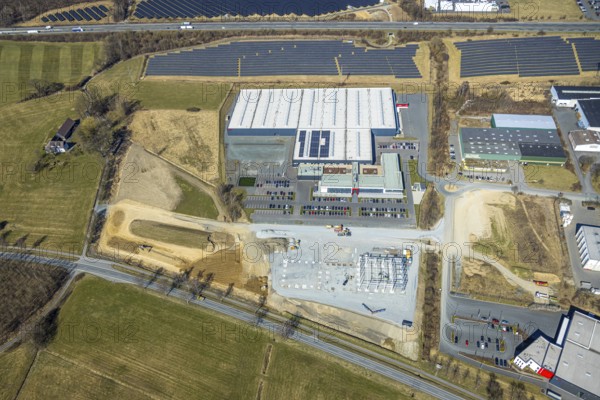 Aerial view, commercial area Enste with citizen solar park at the motorway A46, Enste, Meschede,