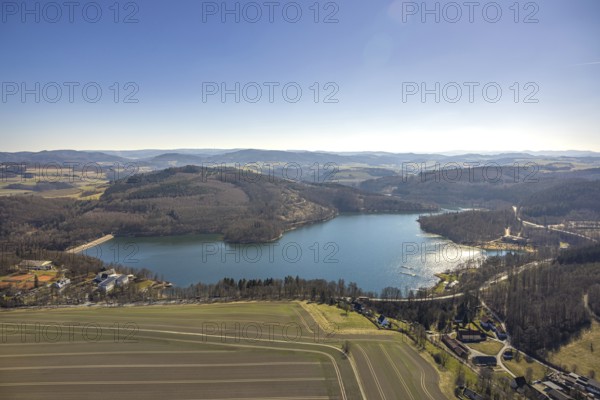 Aerial view, Hennesee Hennetalsperre with dam wall, forest area and hilly landscape, Berghausen,