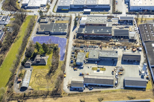 Aerial view, commercial area Enste with citizen solar park at the motorway A46, Enste, Meschede,