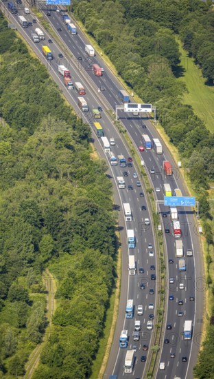 Aerial view, traffic jam on the A2 motorway at the Dortmund-Nordwest junction Dortmund-Mengede,
