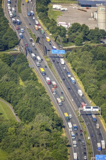 Aerial view, traffic jam on the A2 motorway at the Dortmund-Nordwest junction, Dortmund-Mengede