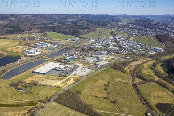 Aerial view, commercial area Enste with citizen solar park at the motorway A46, Enste, Meschede,