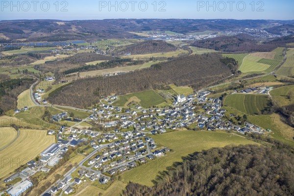 Aerial view, residential area local view district Calle, church St. Severin and cemetery, wooded