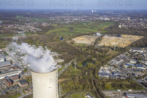 Aerial view, Trianel Kohlekraftwerk Lünen GmbH with smoking cooling tower, behind brownfield former