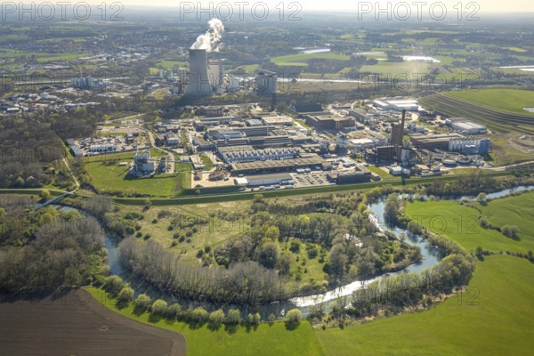 Aerial view, river Lippe meander with onion field landscape conservation area, Remondis Lippewerk