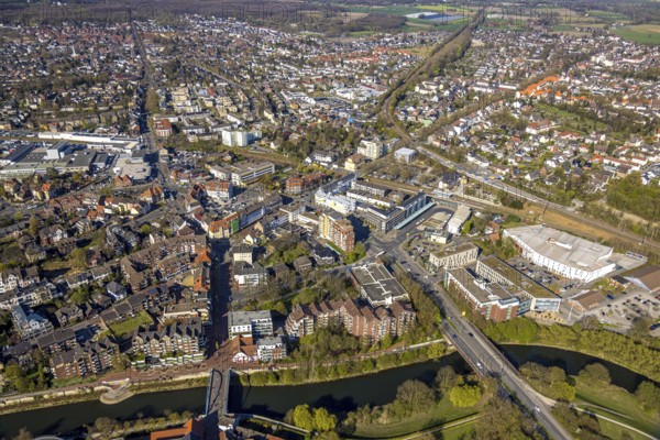 Aerial view, residential area local view at Merschstraße with ZOB Lünen bus stop and Kaufland