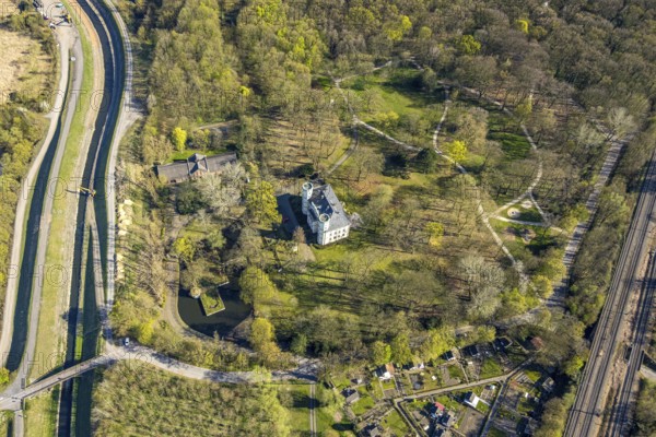 Aerial view, Schwansbell Castle with two towers, former knight's seat of the Lords of Schwansbell,