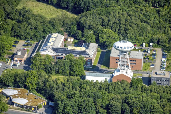 Aerial view, winding tower sculpture Colani UFO, also Colani Egg in the Lüntec start-up centre, on