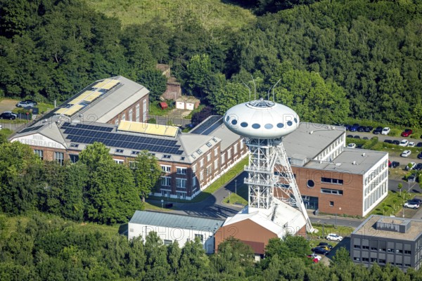 Aerial view, winding tower sculpture Colani UFO, also Colani Egg in the Lüntec start-up centre, on