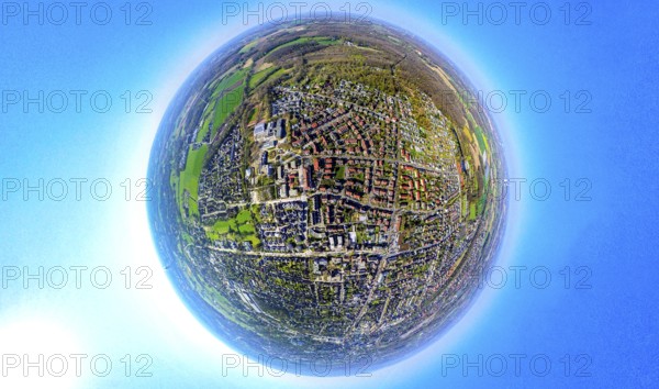 Aerial photo, residential area, view of old Lünen, globe, fisheye shot, 360 degree shot, tiny