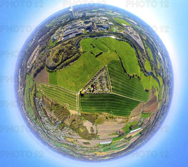 Aerial view, river Lippeauen West with triangular KGV Grüne Insel allotment garden association,