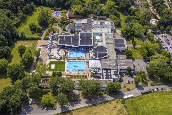 Aerial view, LAGO Die Therme, swimming pool and wellness centre with water slide, roof with solar