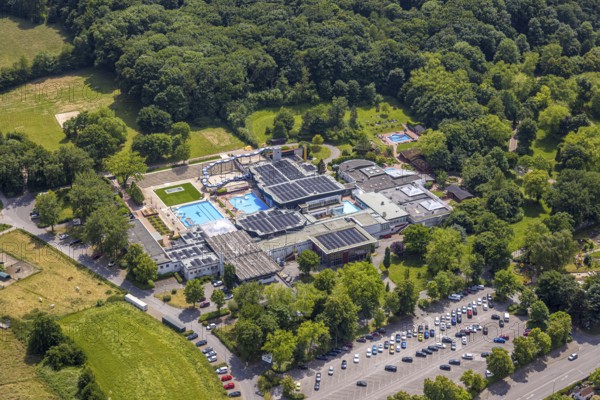 Aerial view, LAGO Die Therme, swimming pool and wellness centre with water slide, roof with solar