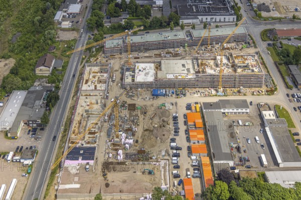 Aerial view, construction site with new building in the commercial area Am Trimbuschhof, Sodingen,